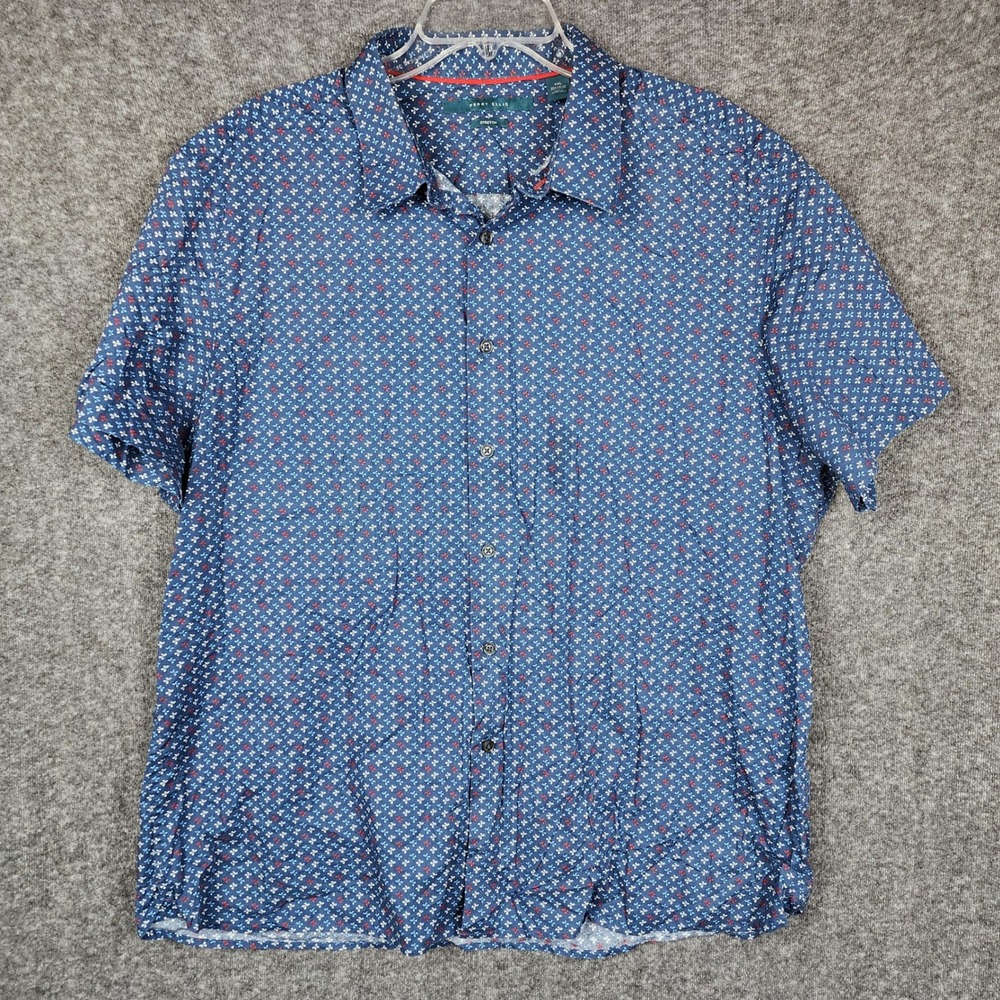 Perry Ellis Button Up Shirt Mens XXL Blue Geometric Print Short Sleeve Stretch